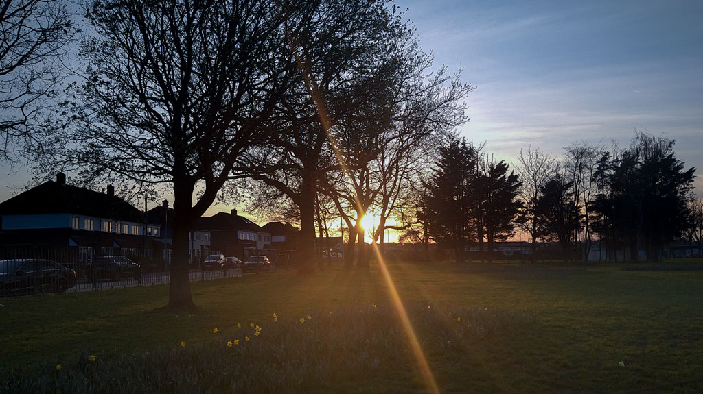 Sun setting behind trees at Northumberland Heath Recreation Ground